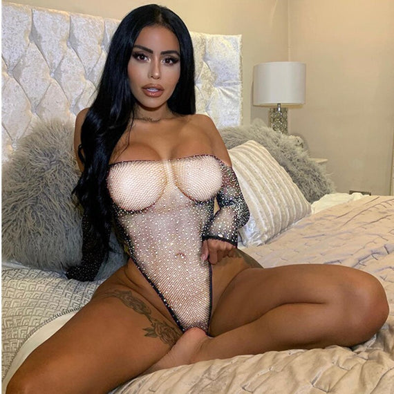 Sexy Fishnet Bodysuit See-Through Mesh Tight Women's Sparkling Rhinestone Body Socks Open Off Shoulder Sexy Fishnet Body Socks