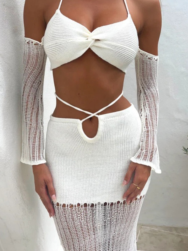 Fashion Sexy Halter Knitted Top and Skirt Outfits for Women Summer Beachwear Tie Up Matching Sets Elegant Clothes