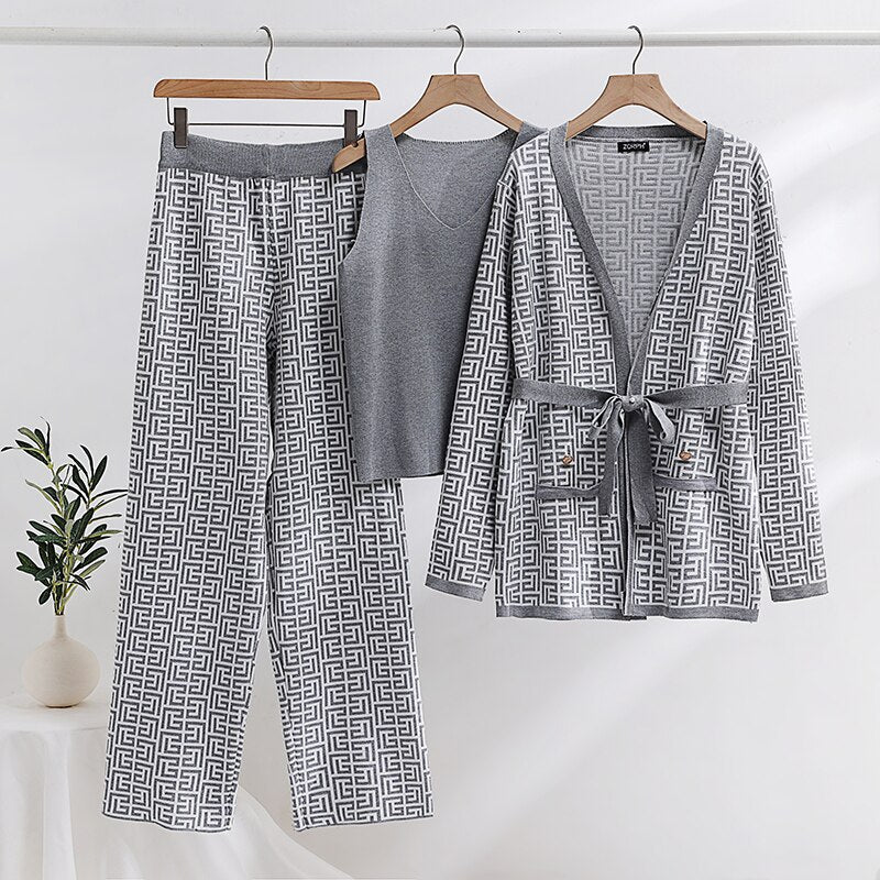 Elegant Knit 3 Piece Set Women Luxury Vest Cardigan Pants Suit Knitted Three Piece Women Sets Autumn Winter Knit Set Women 2023