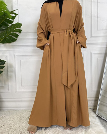 Fashion Simple Elastic Sleeved Djellaba Muslim Dress Dubai Full Length Soft Abaya Dubai Turkey Muslim Islam Robe With Belt