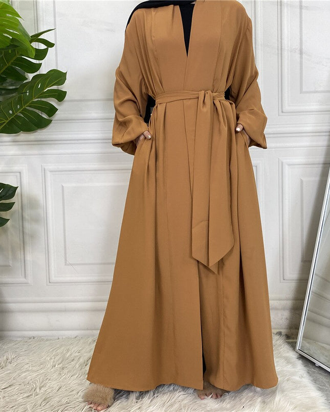 Mode Einfache Elastische Ärmel Djellaba Muslimisches Kleid Dubai Durchgehendes Weiches Abaya Dubai Türkei Muslimischer Islam Robe mit Gürtel