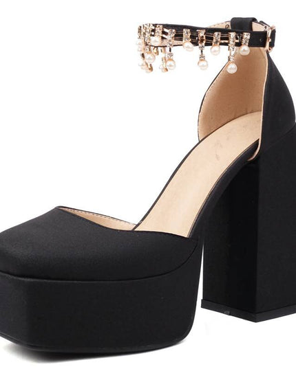 Women Sandals Square Toe Chunky Heels  Buckle Strap Beads Sexy Party Shoes Big Size