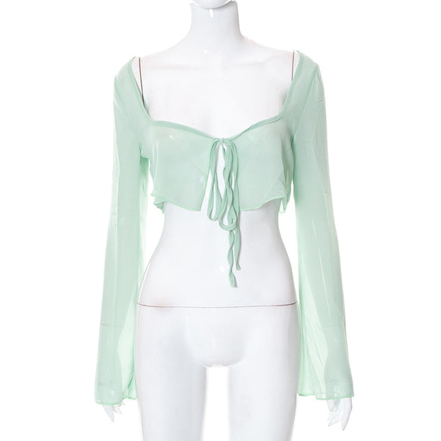 Elegante Netz- 透視-Oberteile und Blusen für Damen, sexy, Sommerhemden, Bluse mit ausgestelltem Ärmel zum Binden, Oberteile, Kleidung