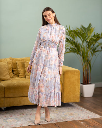Boho Long Sleeve Chiffon Summer Party Dresses Pink Yellow Blue Purple Floral High Waist Ruffle Maxi Long Dresses For Women