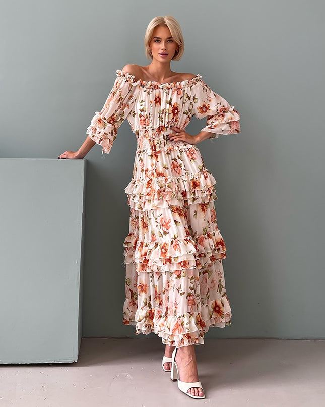 Chiffon Floral Rüschen Plissee Damen Lange Kleider Elegante Damen Sommer Strandkleid Langarm Blumen Maxikleider für Frauen
