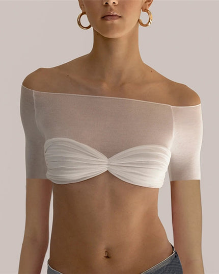 Elegant Knit Fashion Outfits See Through Women's Tops Summer Short Sleeve Off Shoulder Crop Tops Solid Streetwear