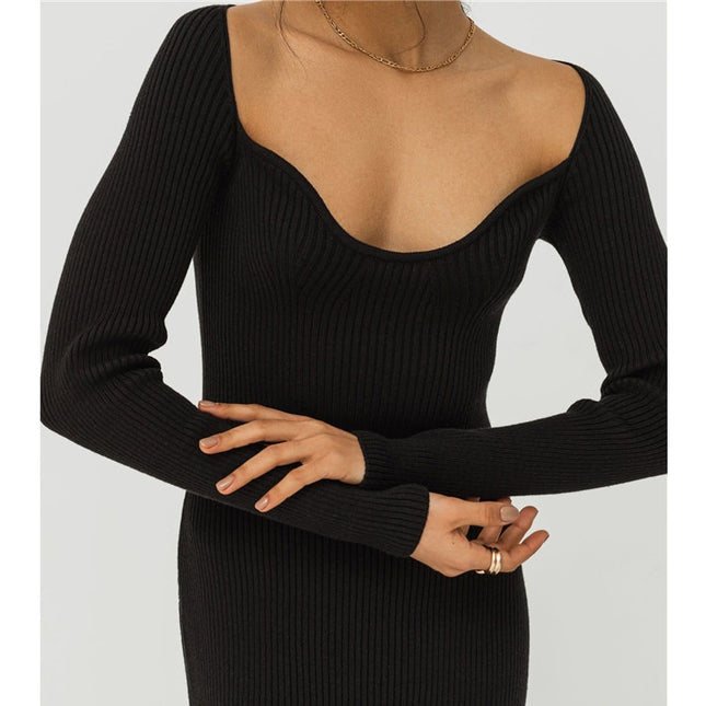 Elegantes geripptes Strickkleid mit eckigem Ausschnitt und Schlitz für Damen, Herbst-Winter-Mode, sexy Midikleider