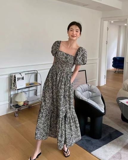 Korean Fashion Floral Maxi Dresses Puff Sleeve Sexy Low Cut Beach Long Dresses Elegant Casual Ladies Women Dresses Summer 2022