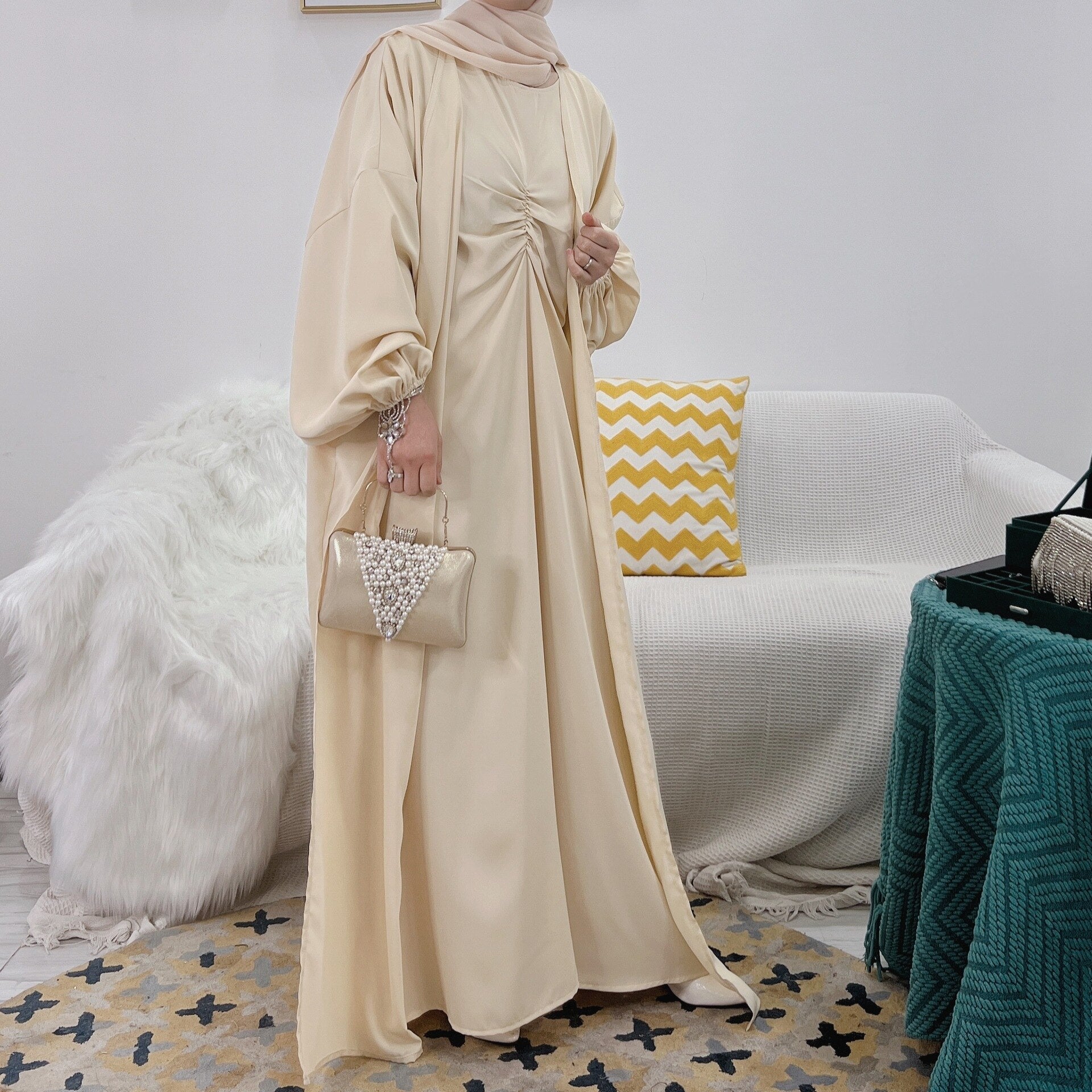 Suits Kaftan Satin Islam hijab Muslim Dress Sets Robe Longue Kimono Ensemble Femme Musulmane Abayas