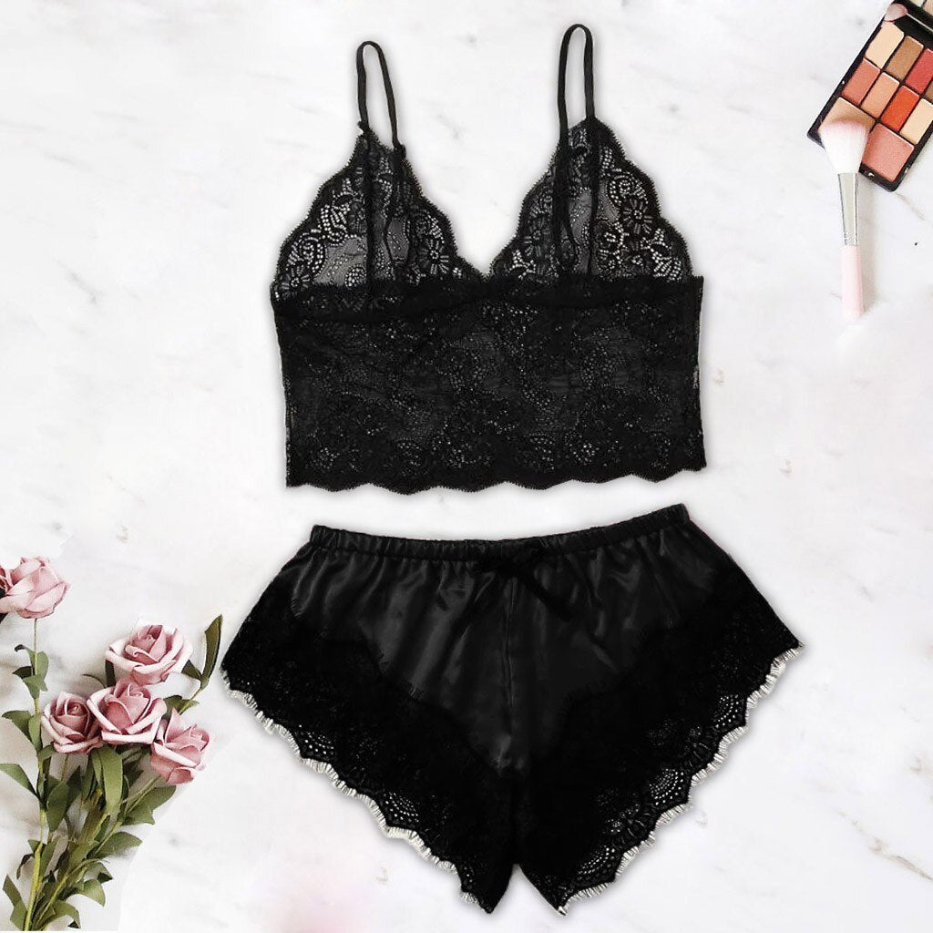 Ladies Sexy Pajamas Satin Pajamas Set Silk Lace Casual Two Piece Slings Fashion Solid Color Lingerie Women's Sexy Pajamas