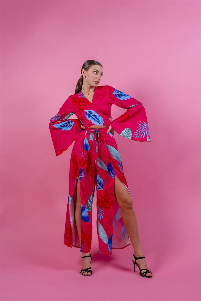 Boho Slit Sexy Tracksuit Women Two Piece Set Crop Top Pants Suit Casual Beach Loungewear 2 Piece Sets Womens Outfits Summer 2023