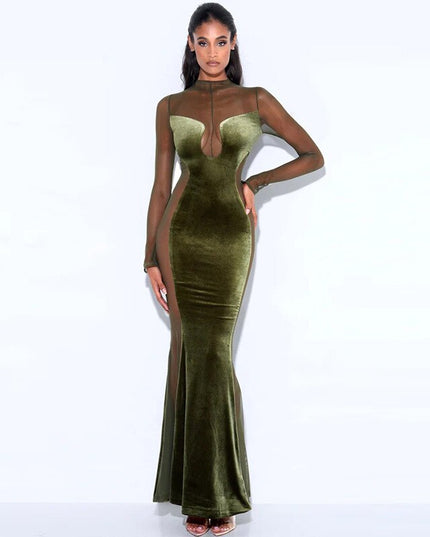 Samt-Mesh-Sheer-Langarm-Sexy-Abendkleid-Maxikleid für Frauen Mode-Outfits Rückenfreie-Kleider Party-Club-Kleidung