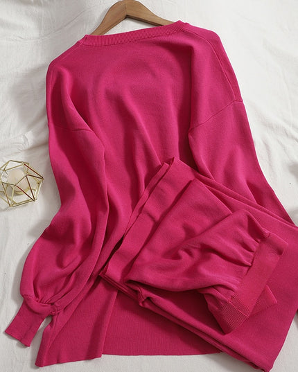 Casual Two Piece Women Knitted Set Wide Leg Pants Suit Sweater Sets Womens Outfits Knit 2 Piece Tracksuit Matching Set Women