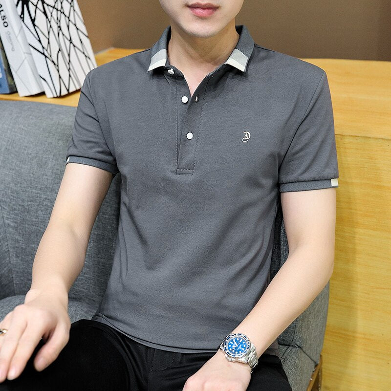 Summer for Polo Arrival Men Clothing Thin Solid Color Casual Slim Fit Short Sleeve Tops Fashion Cotton Turn-Down T Shirt