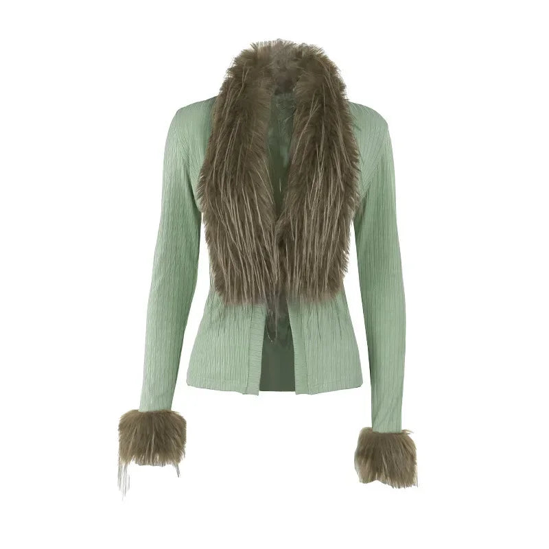 Y2K Streetwear Green Knit Cardigan with Faux Fur Collar and Cuffs for Women - Winter Fitted Tops