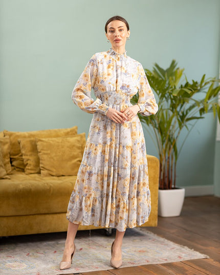 Boho Long Sleeve Chiffon Summer Party Dresses Pink Yellow Blue Purple Floral High Waist Ruffle Maxi Long Dresses For Women