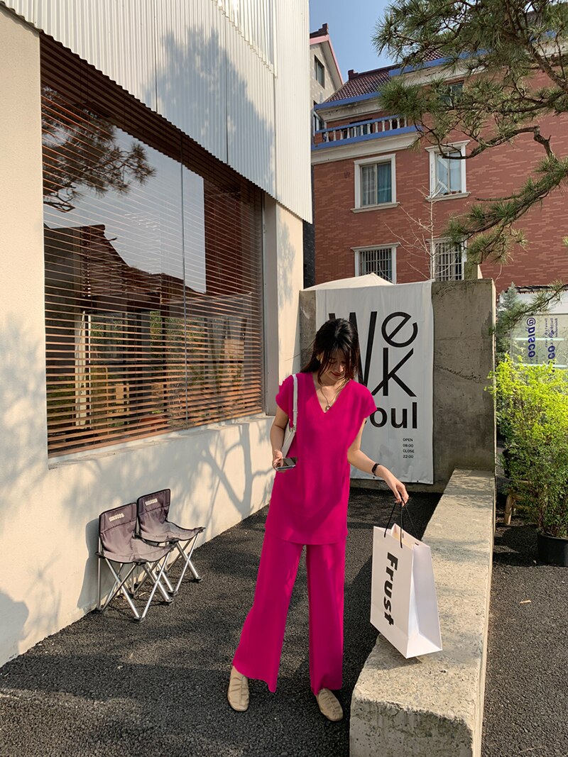 Womens Two Pieces Ice Silk Knitted Sets Casual Spring/summer Outfit Urban Style Trouser Suit V-Neck  Solid Color Sleeveless