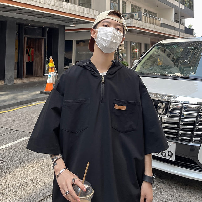 Y2K Streetwear Dragkedja Grafiska T-shirts 2023 Koreanskt Mode Harajuku T-shirts Svarta Vintage Kortärmade T-shirts med Luva