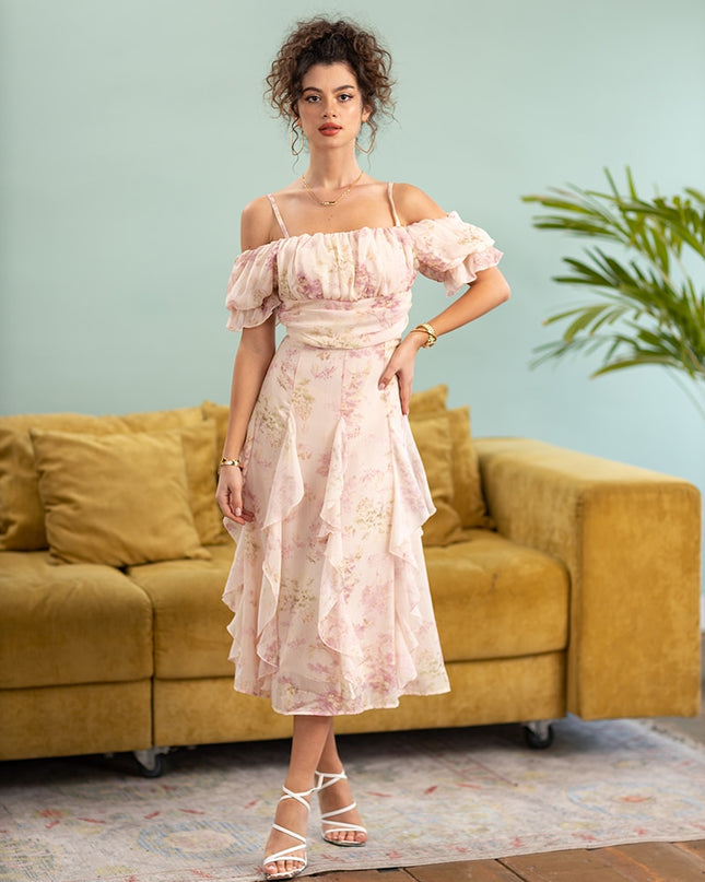 Pinke florale Sommer-Plisseekleider Damen Elegant Lang Hohe Taille Trägerkleid Schulterfrei Sexy Maxi Strandkleider für Damen 2023