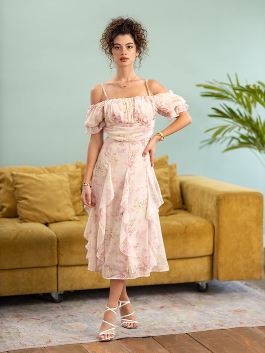 Pink Floral Summer Pleated Dresses Women High Waist Elegant Long Slip Dress Off Shoulder Sexy Maxi Beach Dresses For Women 2023