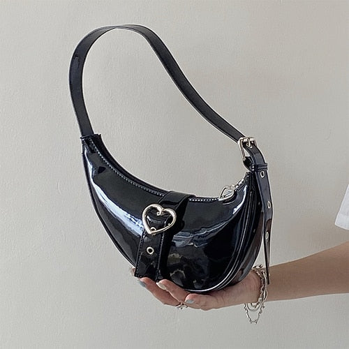 Crescent Moon Women's Underarm Bag Patent Leather Cool Girls Love Heart Shoulder