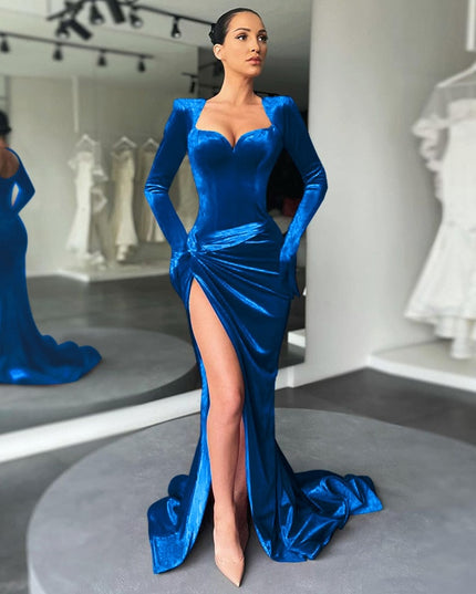 Elegant långklänning aftonklänning klubbkläder för kvinnor handskar ärm sammet sexig slits maxiklänningar rynkade klänningar