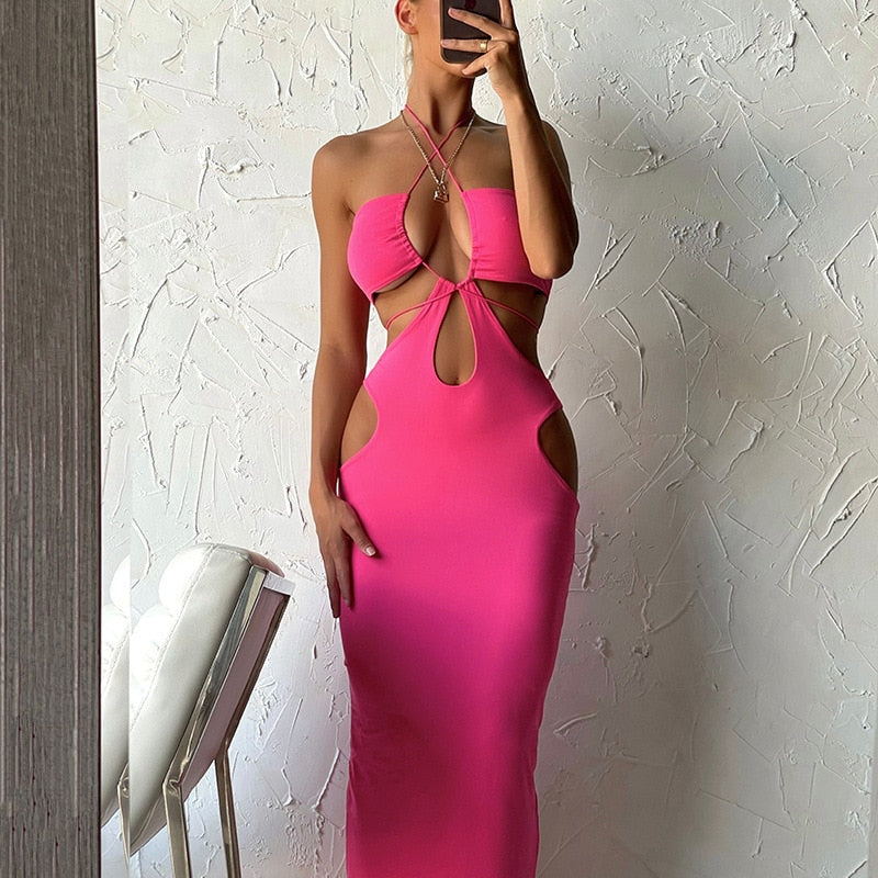 Summer Cut Out Sleeveless Backless Halter Midi Dress Women Elegant Outfits Club Party Sexy Slip Dresses Clothes