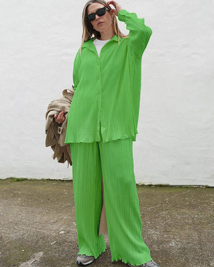 Autumn Pleated Women's Sets Top and Pants Casual Fashion Outfits Two Piece Set Loose Button Up Shirts Matching Set