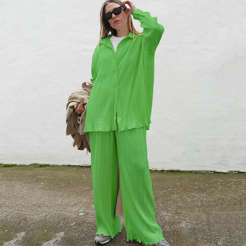 Autumn Pleated Women's Sets Top and Pants Casual Fashion Outfits Two Piece Set Loose Button Up Shirts Matching Set