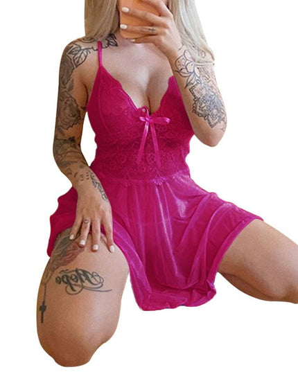 Sexy See-Through Lace Women's Nightdress Deep V-Neck Mesh Sleeveless Pajamas Sexy Sling Nightgown Homewear Women Mini Nightdress