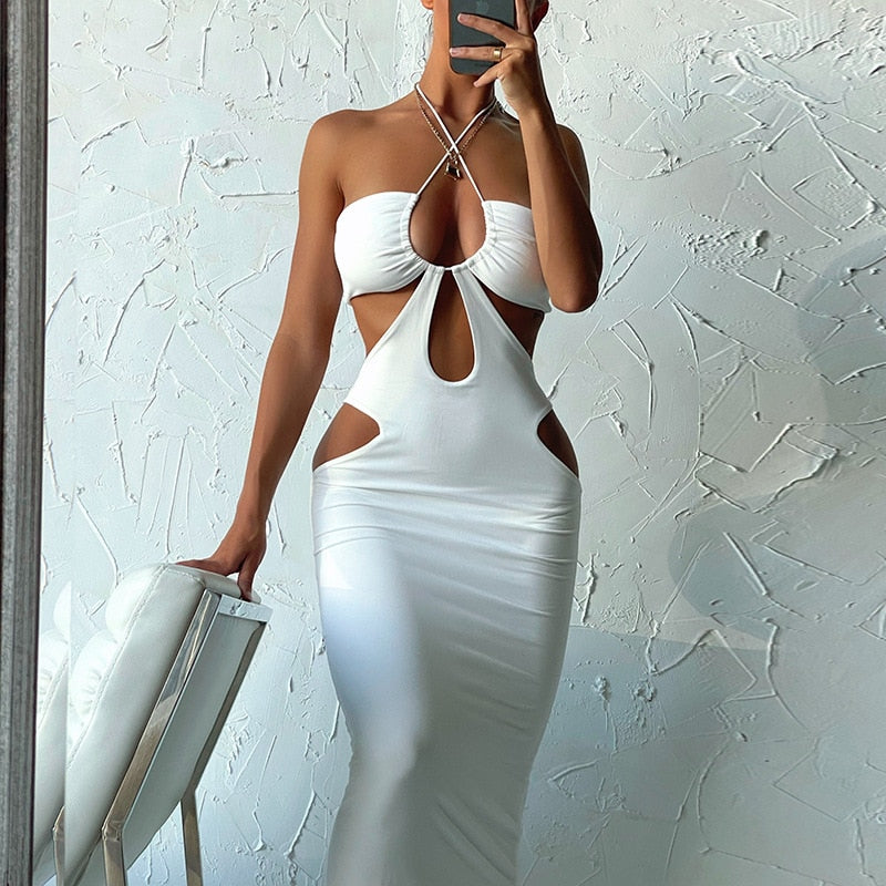 Summer Cut Out Sleeveless Backless Halter Midi Dress Women Elegant Outfits Club Party Sexy Slip Dresses Clothes