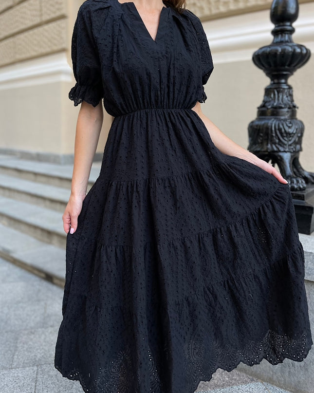 V-Ausschnitt Elegante Strandkleider Lang Damen Kurzarm Hohl Blumen Abendkleider Rüschen Sexy Maxikleid Für Damen Sommer 2023