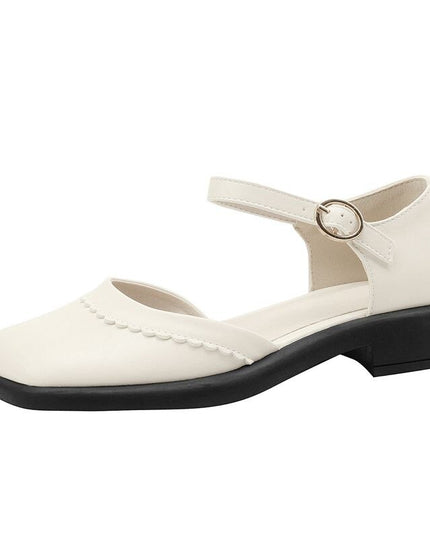 Women Sandals Cap Square Toe Cover Heel Flats Buckle Strap Soft Leisure Shoes Black Beige Daily