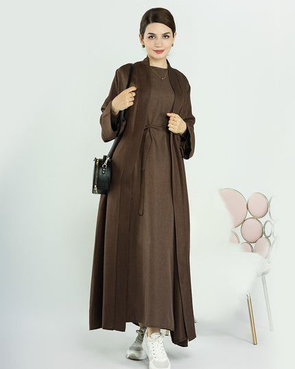 Elegant and Versatile: Two-Piece Djellaba Abaya Set with Belt for Muslim Women in Dubai