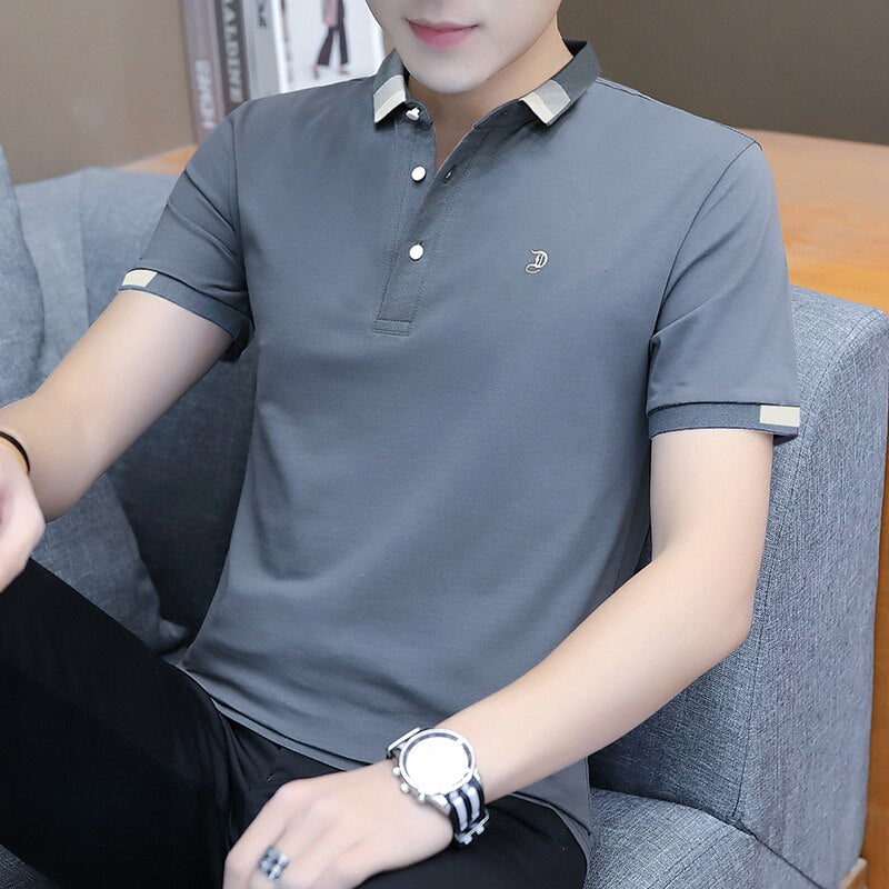 Summer for Polo Arrival Men Clothing Thin Solid Color Casual Slim Fit Short Sleeve Tops Fashion Cotton Turn-Down T Shirt