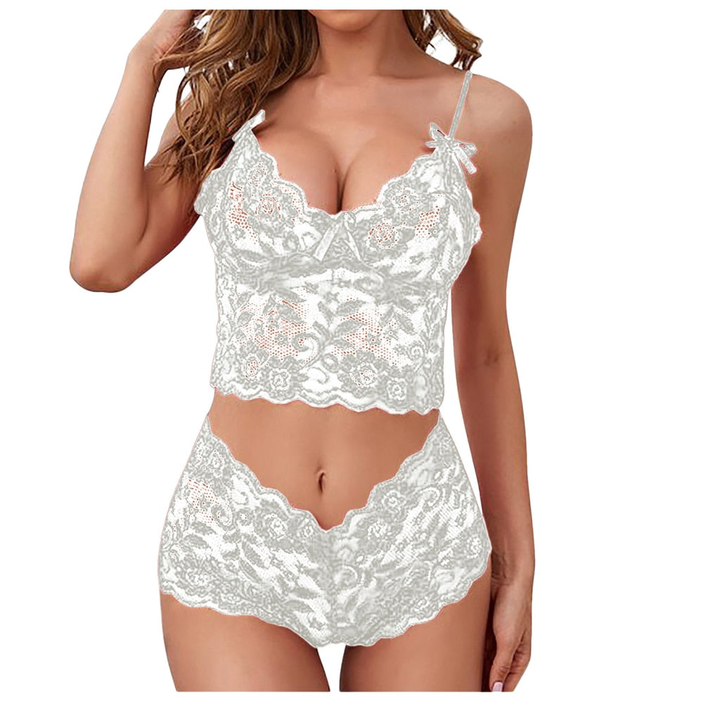 Sexy Two-piece Lingerie Set Women Fashion White Suspender Backless See-through Lace Underwear Panties Erotic Sex Costume