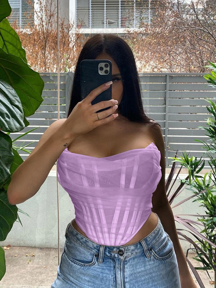 Sleeveless Fashion Strapless Bustier Corset Crop Tops Female Mesh Backless White Women Tops Zipper Summer 2023