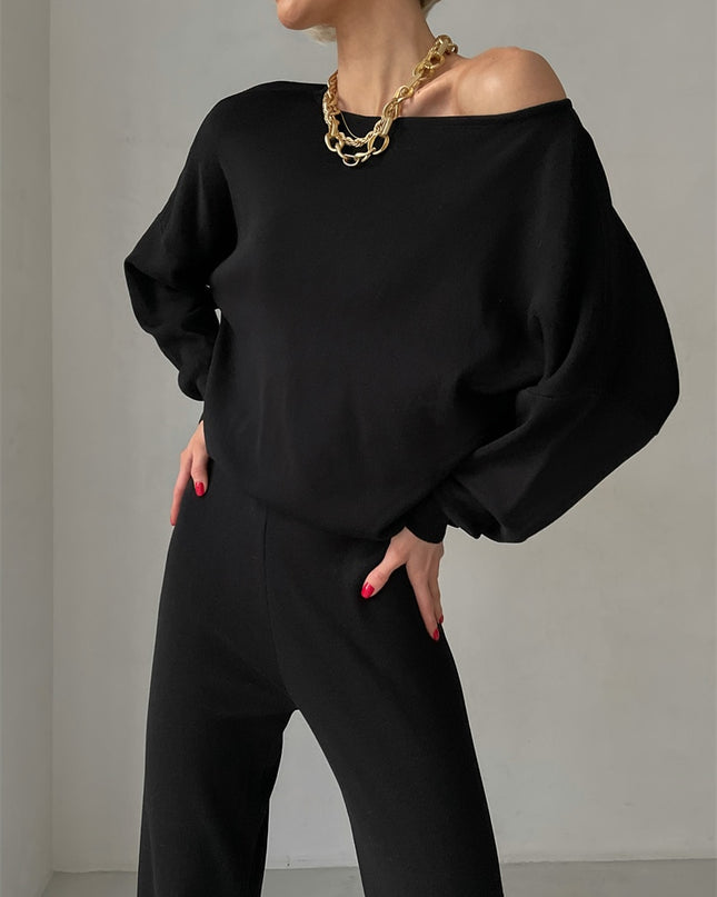 One Shoulder Sexy Knit Two Piece Set Casual 2 Piece Tracksuit Women Knitted Pants Suit Pants and Top Set Matching Sets For Women