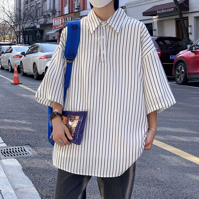 Koreanskt mode randiga skjortor sommar herr vintage knappskjortor japansk streetwear avslappnade kortärmade skjortor