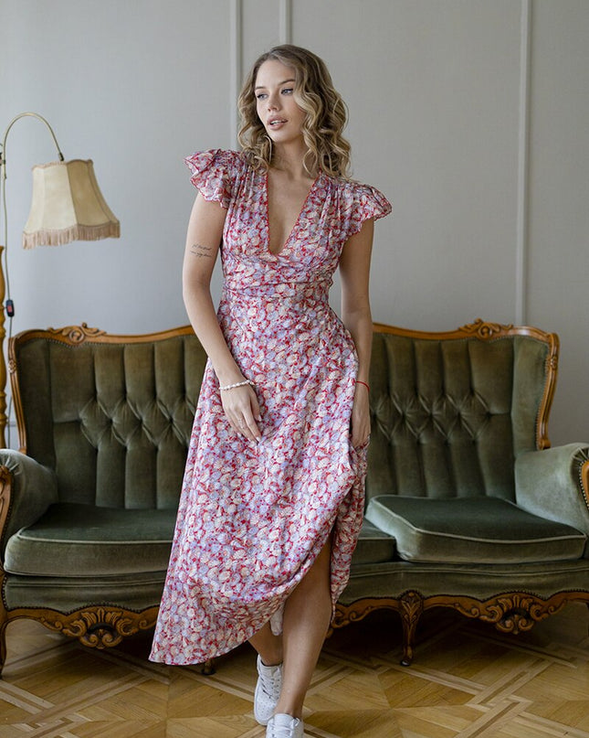 Chiffon Rosa Rot Blumenmuster Vintage Sommer Strand Damen Kleid V-Ausschnitt Hoher Schlitz Sexy Bandage Boho Maxi Langes Bodycon Kleid für Frauen