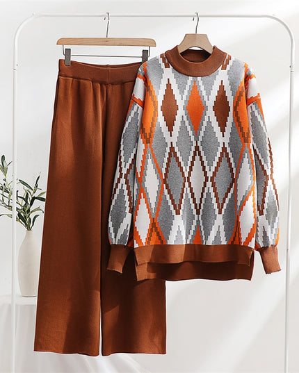 Lozenge Knitted Sweater Matching Set Loungewear Women Pants Suit 2 Piece Tracksuit Knit Two Piece Sets Womens Outifits Winter