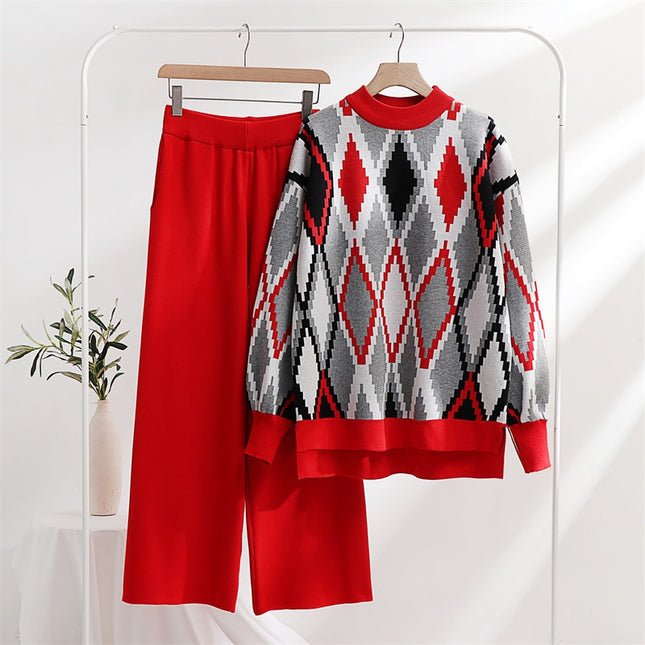 Lozenge Knitted Sweater Matching Set Loungewear Women Pants Suit 2 Piece Tracksuit Knit Two Piece Sets Womens Outifits Winter