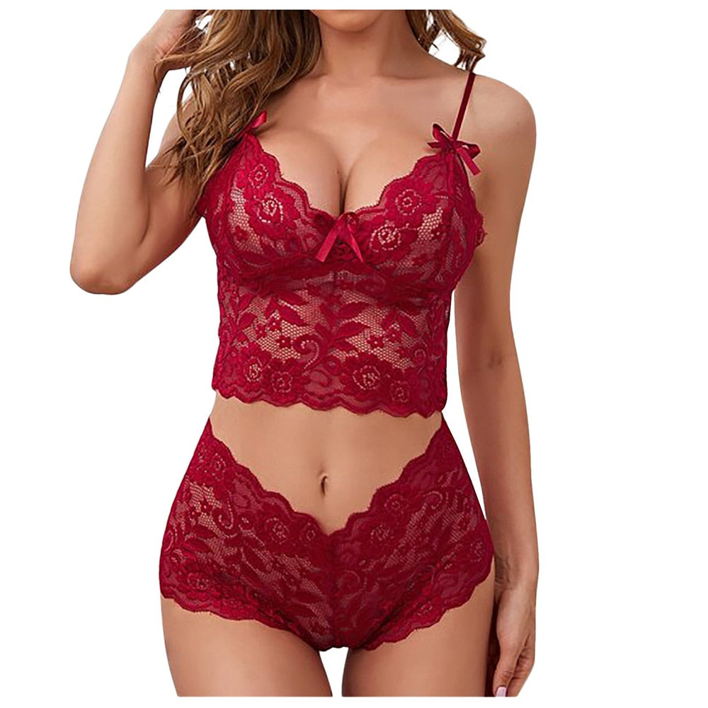 Sexy Two-piece Lingerie Set Women Fashion White Suspender Backless See-through Lace Underwear Panties Erotic Sex Costume