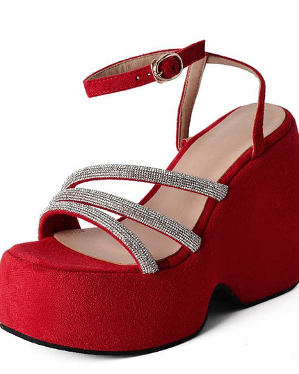Ladies Sandals Wedges Flock Platform Hill 5cm Ankle Buckle Strap