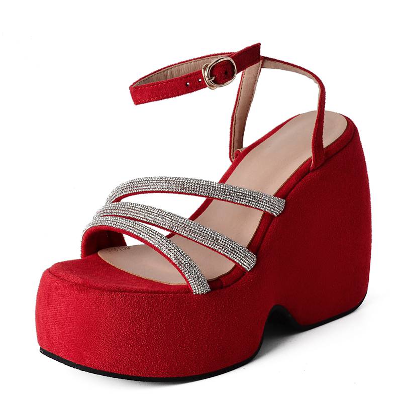 Ladies Sandals Wedges Flock Platform Hill 5cm Ankle Buckle Strap