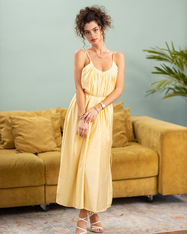 Rückenfreies langes Strandkleid Gelbes Bandage-Chiffon Sommer Sexy Slip-Kleid Elegante Vintage Ärmellose Maxikleider für Damen 2023