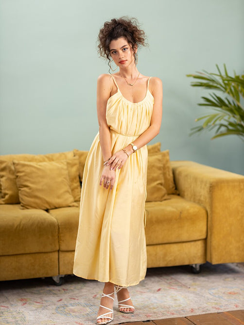 Backless Long Beach Dress Yellow Bandage Chiffon Summer Sexy Slip Dress Elegant Vintage Sleeveless Maxi Dresses For Women 2023