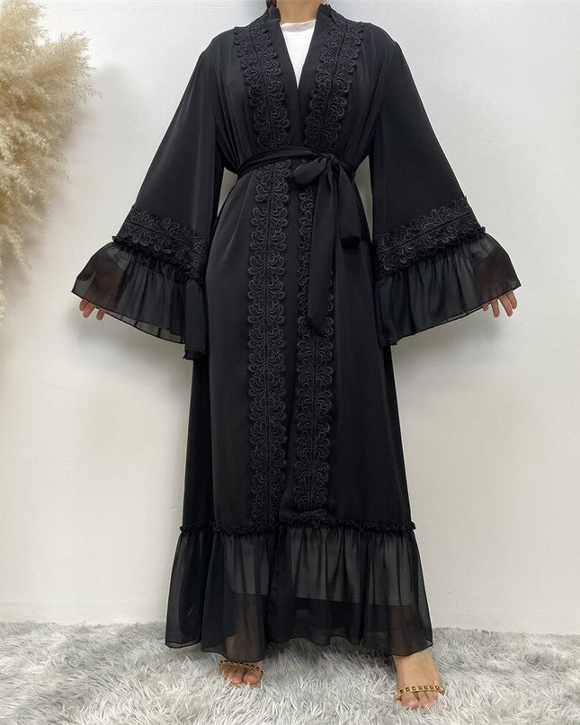 Fashion Lace Stitching Muslim Abaya Dubai Full Length Flare Sleeve Lace Abaya Dubai Muslim Islam Robe With Belt