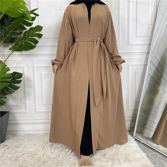 Fashion Simple Elastic Sleeved Djellaba Muslim Dress Dubai Full Length Soft Abaya Dubai Turkey Muslim Islam Robe With Belt