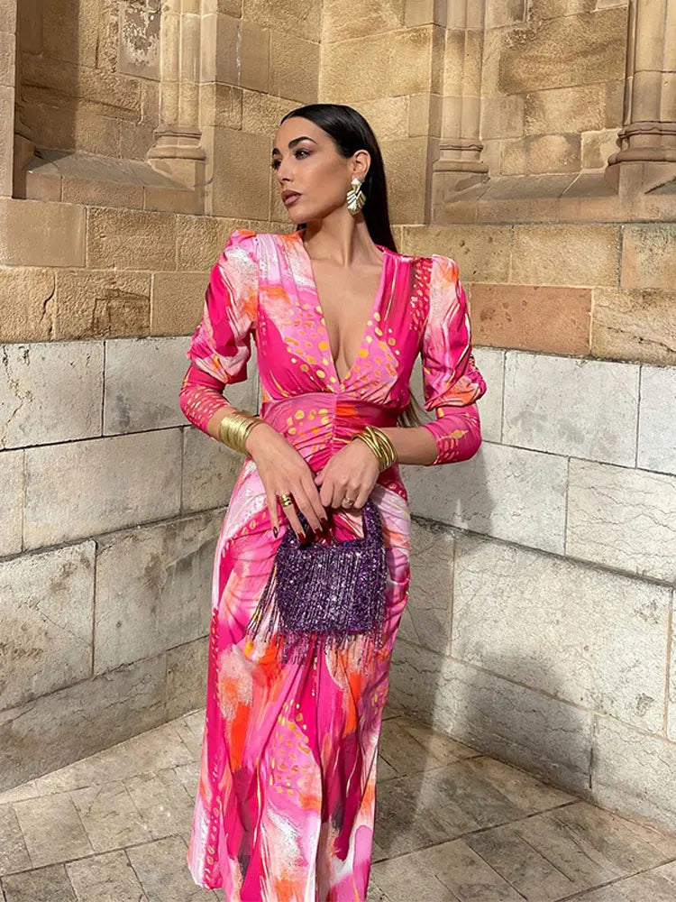 Vintage V Neck Maxi Dress with Pleated A-line Design - Perfect for Holiday!